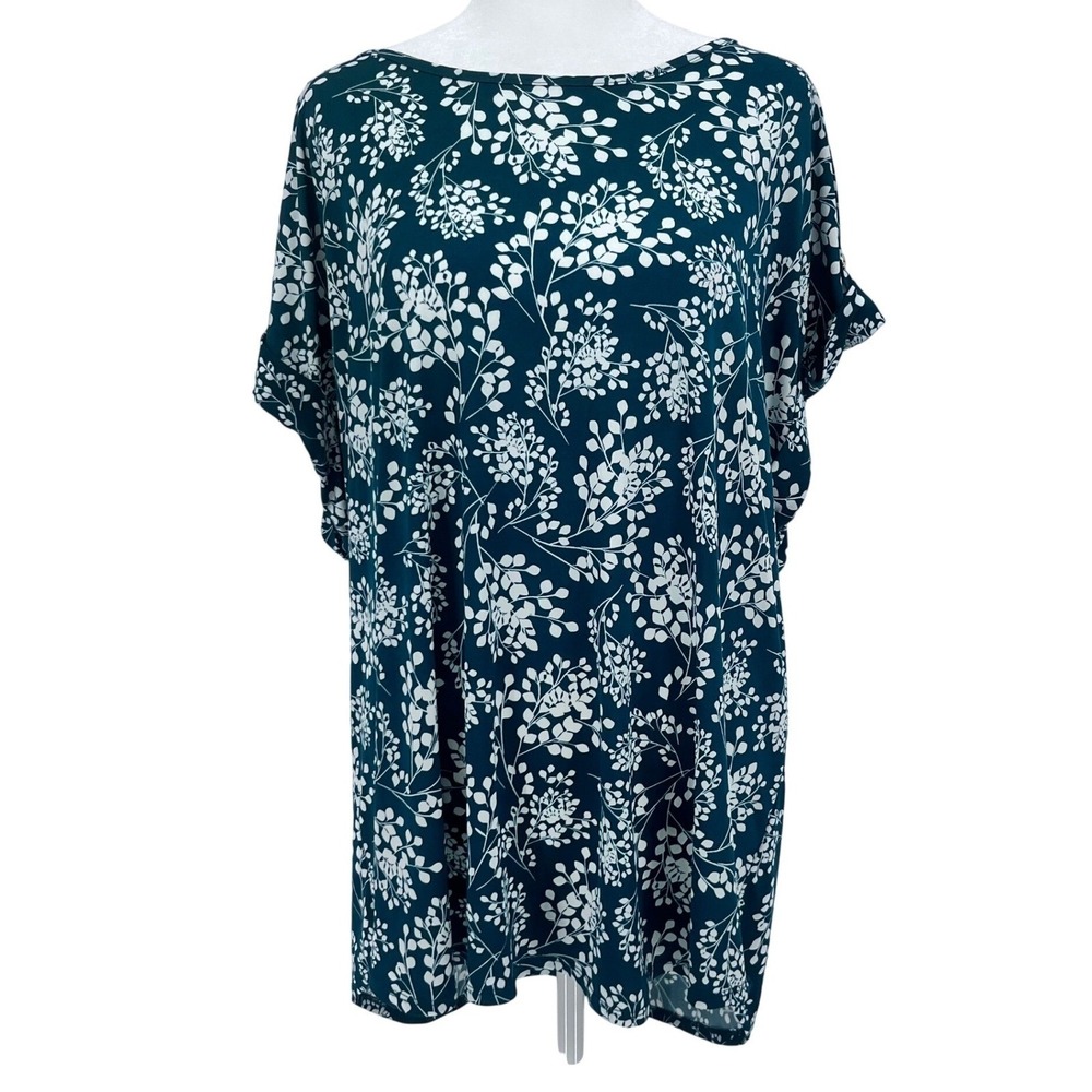 Teal Floral Tunic Top Women's Size 2X Business Casual‎ Office Liquid Knit AUW